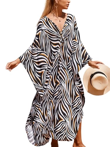 Image of IMAGEKOPE Women's Plus Size Animal Print V-Neck Batwing Kaftan Beach Dress Bathing Suit Cover-Up Loungewear