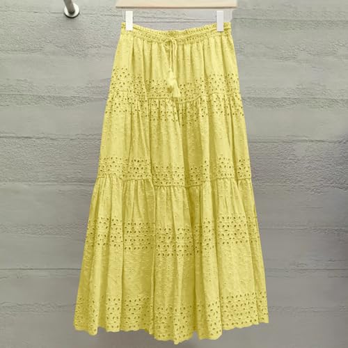Womens Boho Casual Skirts 2025 Lace Embroidery Eyelet Elastic Waist Skirt Solid Color Loose Flowy Tiered Maxi Skirts4