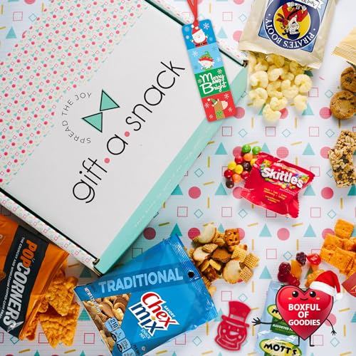 Image of Gift A Snack - Christmas Candy Stocking Stuffers, Pre-filled Holiday Snack Box Care Package + Greeting Card (45 Count) Sweet Treats Gift Basket, Candies Chips Office Food Assortments