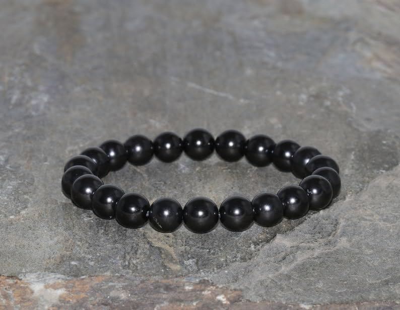 Black Jet stone bracelet - 8mm Round Smooth beads - Stretchable bracelet for men women - Ideal for Daily Wear, Meditation, Reiki & Spiritual Growth|STB_VG_101712