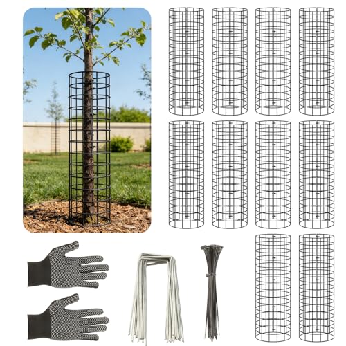 Augshy 10-Pack Tree Trunk Protectors 17 Inch Height 13 Inch Width Expandable Metal Guard with 20 Ground Stakes 100 Ties for Ultimate Plant Bark Protection