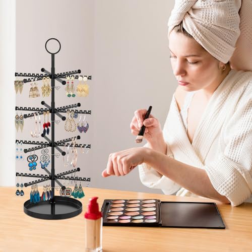 Image of MODOWEY 4 Tier Metal Rotating Earring Holder Organizer Stand Adjustable Display Tree for Women, 384 Holes and Grooves Rack Tower for Pierced Dangle, Large Capacity Space-Saving Jewelry Hanger, Black