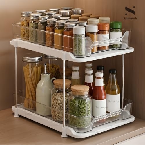 Image of Satpurush 2 Tier Kitchen Organizer Rack for Countertop, Space Saving Multipurpose Organiser with Transparent Trays for Spice Jars, Oil Bottles & Containers, Large + Compact, Clear
