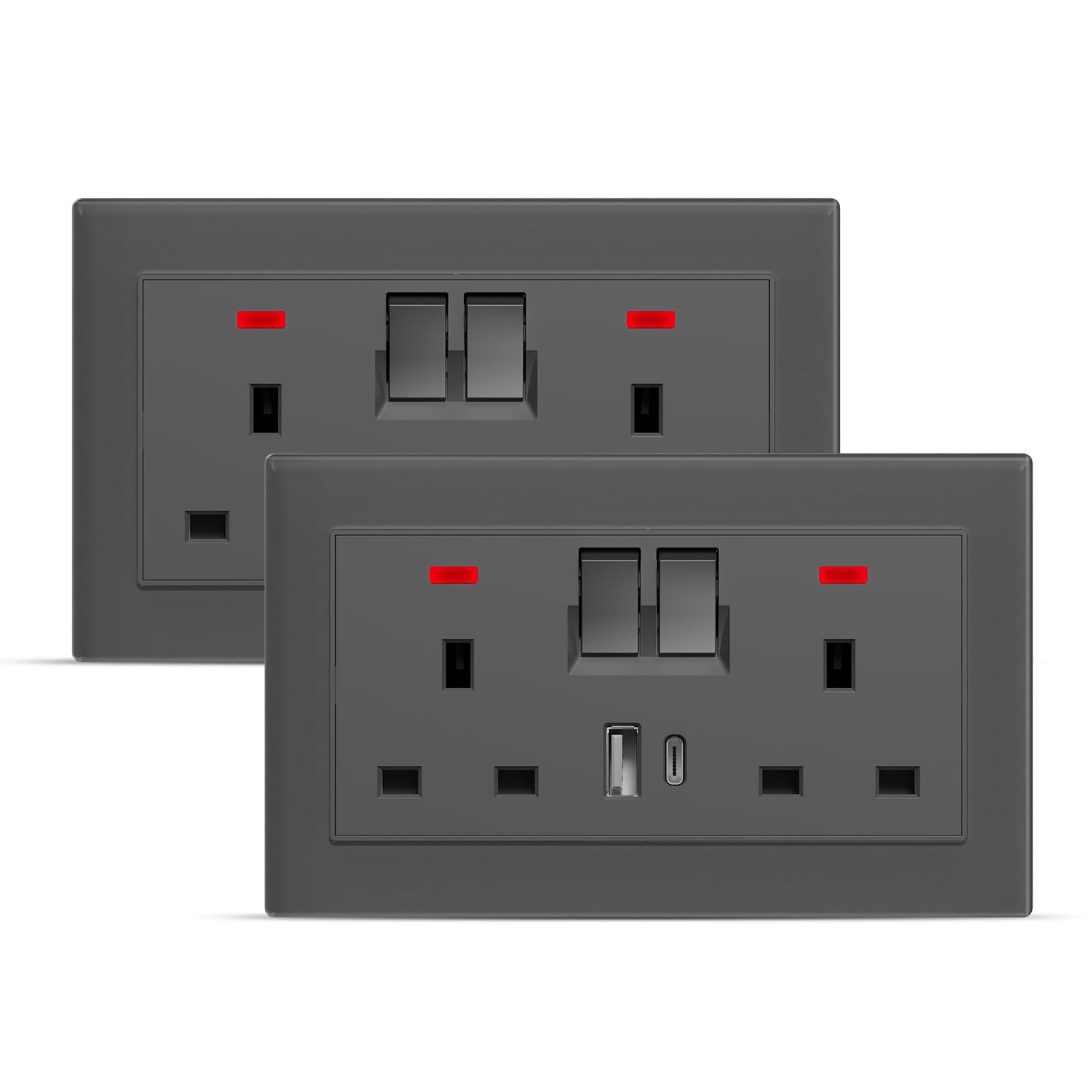 BSEEDLIFE Double Switched Wall Socket,Electric Plug Sockets Outlets with 20W USB/USB-C,13 A,Glass Panel Outlet Compatible with 3 Pin UK Standard Plug,146mm Grey(2 Pack)