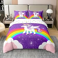 100% Organic Cotton Unicorn Duvet Cover Twin, Rainbow Bedding Set For Girls, Purple Cute Unicorn Glitter Comforter Cover, Kids Cartoon Kawaii Galaxy Stars Fantasy Room Decor Reversible Quilt Cover