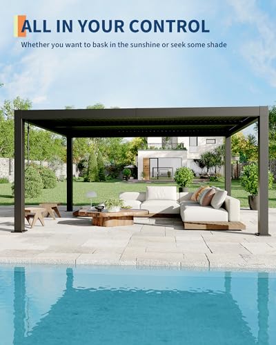 Image of GarveeLife All-Aluminum Louvered Pergola 12 ft x 16 ft, Outdoor Pergola with Adjustable Louvered Roof, Reinforced Aluminum Frame, Integrated Drainage System, Hardtop Gazebo for Patio, Deck, Gray
