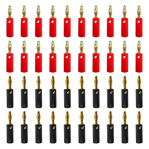 40Pcs Gold Plated Banana Plugs Audio Jack Speaker Wire Cable Screw Connector 4mm (20 Black + 20 Red)