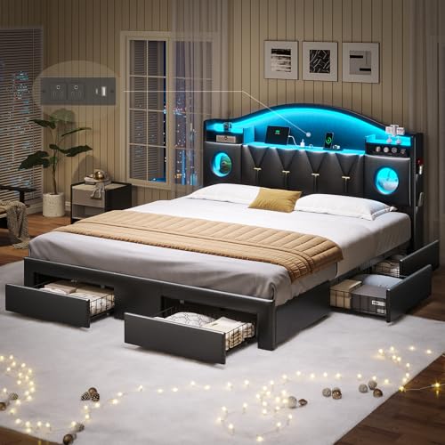 Tagafi California King Bed Frame with 6 Storage Drawers Platform Cal King Bed Frame with Headboard LED Lights&Charging Station Noise-Free No Box Spring Needed Easy Assembly PU Black