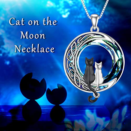 TOUPOP Cat Gifts for Cat Lovers One Two Three Four Cats Necklace Sterling Silver Cat on the Moon Pendant Necklace with Blue Circle Crystal Birthday Christmas Celtic Jewelry Gifts for Women4