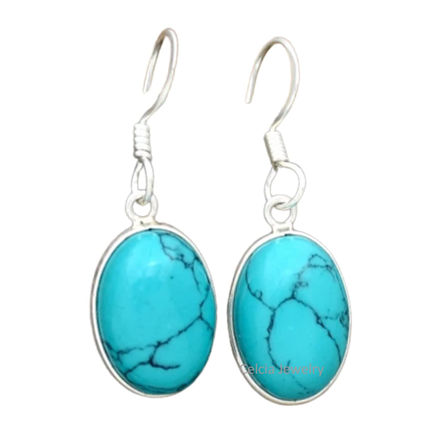 Pendientes colgantes de plata de ley 925 auténtica para mujer, cabujón de turquesa azul natural, piedras preciosas ovaladas, pendientes únicos de piedra natal de diciembre