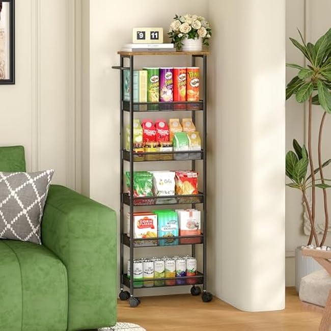 6 Tier Slim Storage Cart with Handle, Rolling Kitchen Laundry Room Storage Cart with Wooden Top, Narrow Metal Bathroom Trolley on Wheels for Small Space, Mobile Shelving Unit, 7.9in(W)-t2L9Zi34
