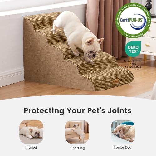 Image of Gardner Pet Dog Stairs for Small Dogs 22.8 inch H, 5-Step Brown Curved Pet Stairs, Dog Steps for High Bed, Couch (24-30 in) with Durable Non-Slip Waterproof Fabric Cover and CertiPUR-US Certified Foam