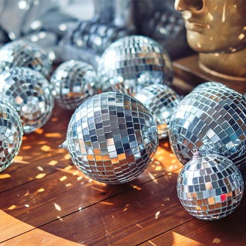 68 Pieces Mirror Disco Balls Bright Reflective Silver 70s Hanging Ornaments for Holiday Christmas Tree Wedding Party Dance and Music Festivals New Year Eve Cake Decoration (1.2\",2\",3.2\",4\")