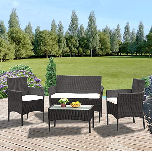 SuperGift.com 4 Seater Rattan Garden Furniture Set Patio Outdoor Furniture Set Indoor and Outdoor (Black)