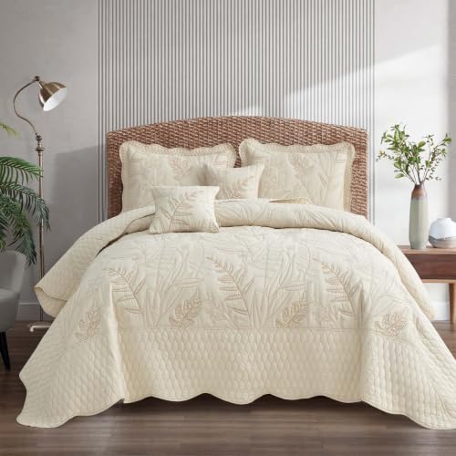Image of Bedspread oversized Full 96x110,Beautiful Leaf Stitching,5 PC,Ivory