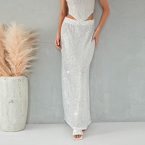 Women's Elegant Sparkly Sequins Midi Skirts Elastic Waist Shiny Glitter Slim Casual Pencil Formal Party Skirt3