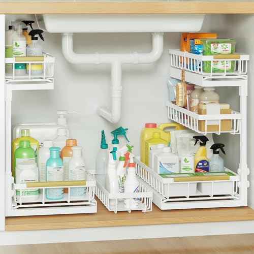 Image of Under Sink Organizer and Storage for Bathroom and Kitchen - 2 Pack 3 Tier | Under Cabinet Pull Out Shelf Organizers - Slide Out Drawer Organization for Home Cabinets Shelves and Drawers