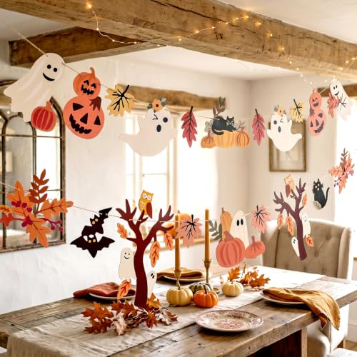Image of Halloween Fall Decorations - 2PCS Cute Little Ghost and Pumpkin Maple Leaves Paper Banner Bunting