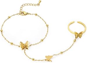 Emibele Bracelet à Chaîne en Couches Femme, Bracelet à Breloques Papillon Plaqué Or 18 Carats, Chaînes de Poignet Minimaliste Réglable en Acier Inoxydable, Bijoux Exquis Fille pour Fête Soirée, Or