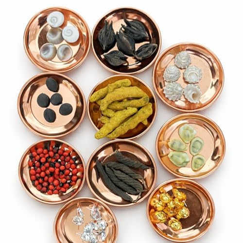 Image of 11 Sacred Lakshmi Pooja Samagri Kit (5 Pieces Each)- Kamalgatta Seeds, Gomti Chakra, Laxmi Cowrie, Red Chirmi, Haldi, Shankha, Bat Head Root, Edamuri Balamuri & Astothrama Flowers for Wealth
