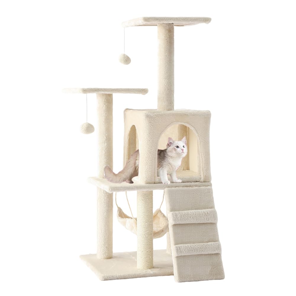 Cat Tower, Indoor Cat Tree with Sisal Covered Catch Posts and Plush Catch Balls, Suitable for Small and Medium-sized Cats(beige, 50 * 40 * 110 With hammock)