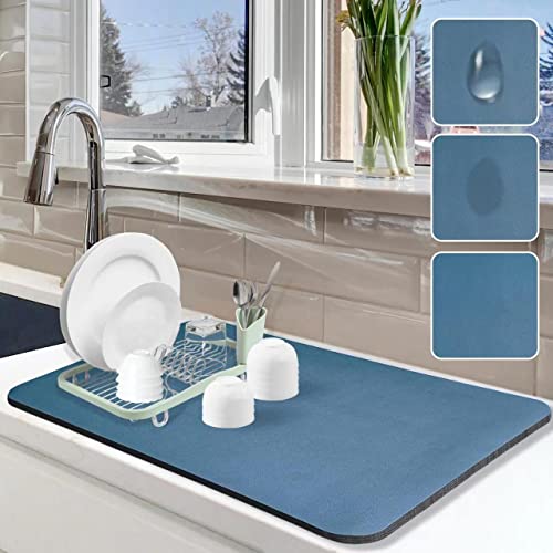 Image of Dish Drying Mat for Kitchen Counter, 16 inchx24 inch Dish Drying Pad with Non-slip Rubber Backed, Hide Stain Anti Absorbent for Kitchen Counter, Drying Mat for Coffee Machine Dish Rack (Blue)