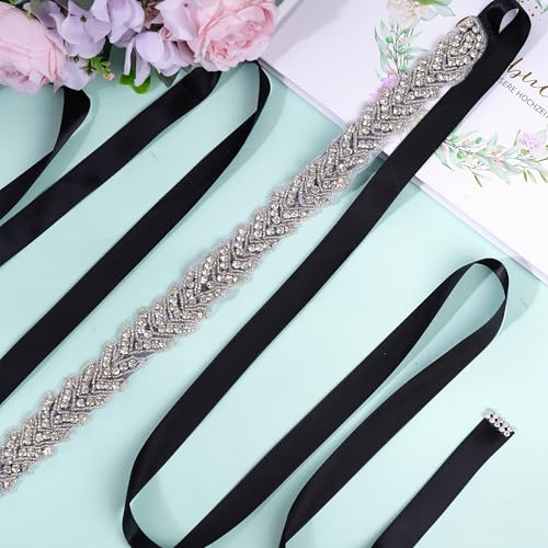 obmwang Bridal Rhinestone Crystal Belts Wedding Satin Sash Belt for Special Occasion Dress Bridal Sash, Black4