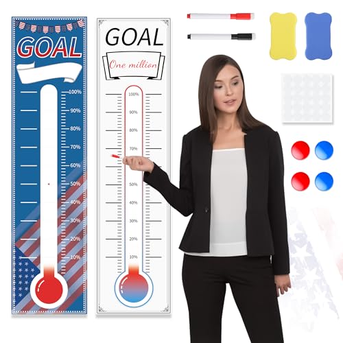 2 Pack Dual-Design Fundraising Thermometer Posters (39.3''x10'') | Dry Erase Goal Tracker Kit with 2 Markers, Magnets & Nano Tape | Progress Board for Schools, Church, Nonprofit Events
