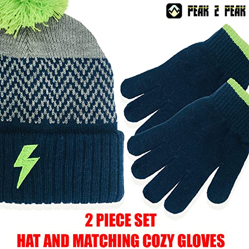 PEAK 2 PEAK Boys’ and Girls’ Winter Hat and Gloves Set – Knit Pom-Pom Beanie with Sparkle – Ages 4-123