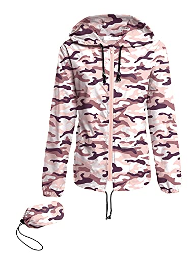 Avoogue Lightweight Raincoat Walking Jackets Women Waterproof Windbreaker Packable Outdoor Hooded Rain Jacket Pink Camouflage L