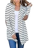 Merryfun Women's Casual Striped Cardigan Long Sleeve Elbow Patch Open Front Sweater top coat,White M