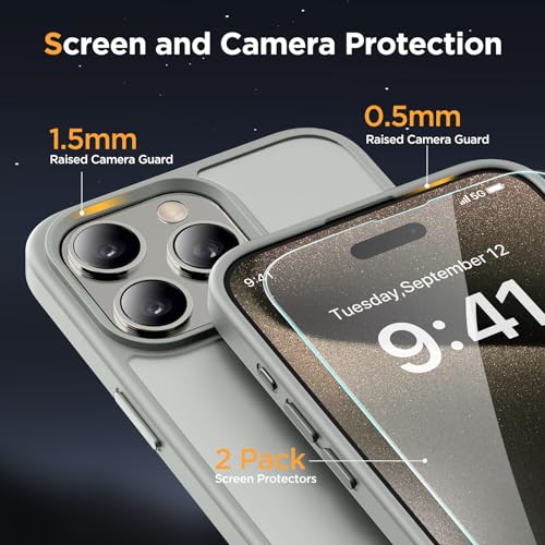 Image of Miracase Magnetic for iPhone 15 Pro Case 6.1 inch (Compatible with MagSafe)(with 2X Screen Protectors)Military-Grade Protection, Anti-Fingerprint Translucent Matte Phone Cover, Gray
