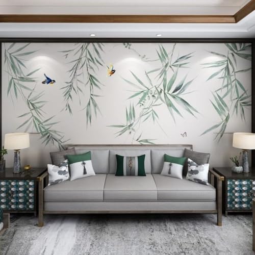 Tzxztt Minimalista Hojas De Bambú Dibujadas A Mano Pájaros Volando Mariposas Papel Pintado 3D Seda Texturizada Primera Calidad Neutros Material Ideal Para SalóN Dormitorio-200cm×140cm