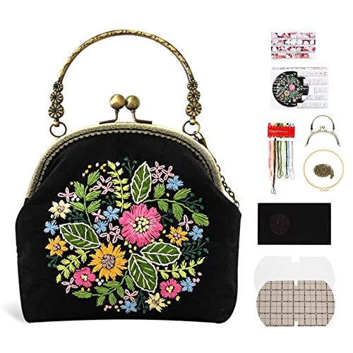 Schwarz Leinentasche Stickerei Starter Kit, Stickpackung Aus Segeltuch, Stickset Tragetasche, Canvas Tragetasche Damen, Unfertige Handgefertigte DIY-Geldbörse Mit Kussschloss Und Crossbody-Kette
