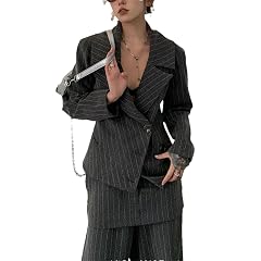 Women Hit Color Striped 2 Piece Suit Lapel Long Sleeve Spliced Button Coat High Waist Pant Sets