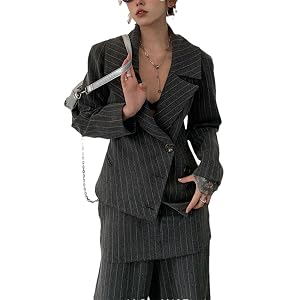 Women Hit Color Striped 2 Piece Suit Lapel Long Sleeve Spliced Button Coat High Waist Pant Sets