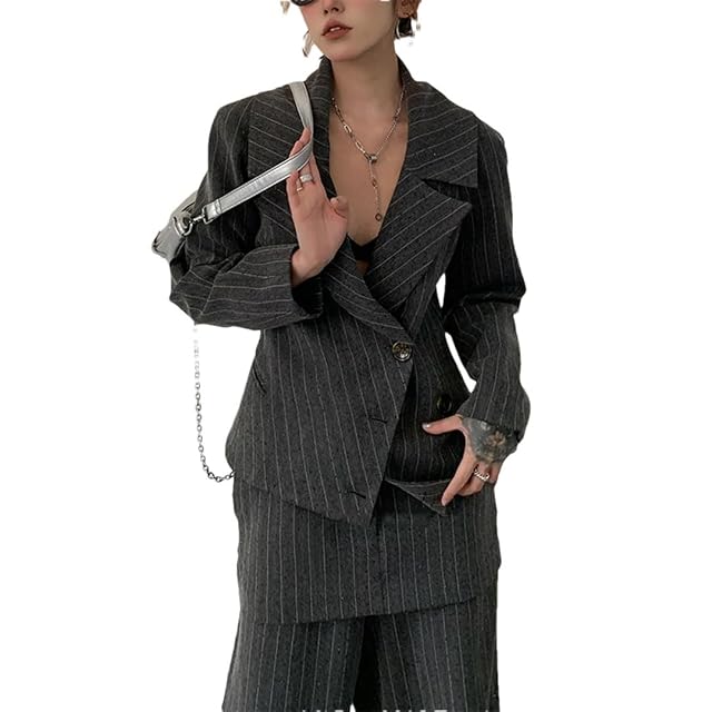 Women Hit Color Striped 2 Piece Suit Lapel Long Sleeve Spliced Button Coat High Waist Pant Sets