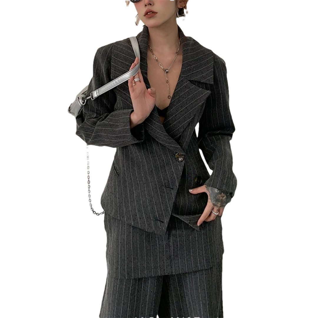 Women Hit Color Striped 2 Piece Suit Lapel Long Sleeve Spliced Button Coat High Waist Pant Sets