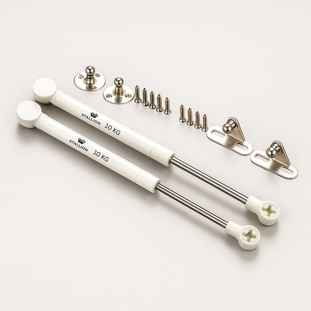 Stallion 100 N Hydraulics Gas Spring Stay STRUT Pneumatic Lift Support Cabinet Hinges Support, Capacity 10 KGS, Size 10 INCHES (Pack of 2 PCS),Material:Iron, Color:White (100 N (10kg), 2, Piece)