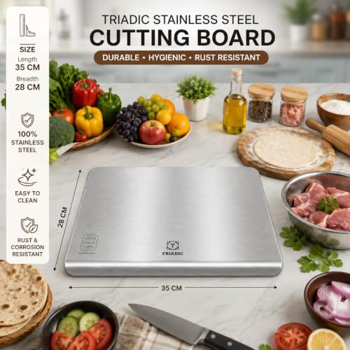 Image of Triadic Stainless Steel Chopping Board | Food Grade SS Cutting Board | Double Sided | Non-Porous | Odor Resistant | Dishwasher Safe | Heavy Duty I Kitchen Cutting Board
