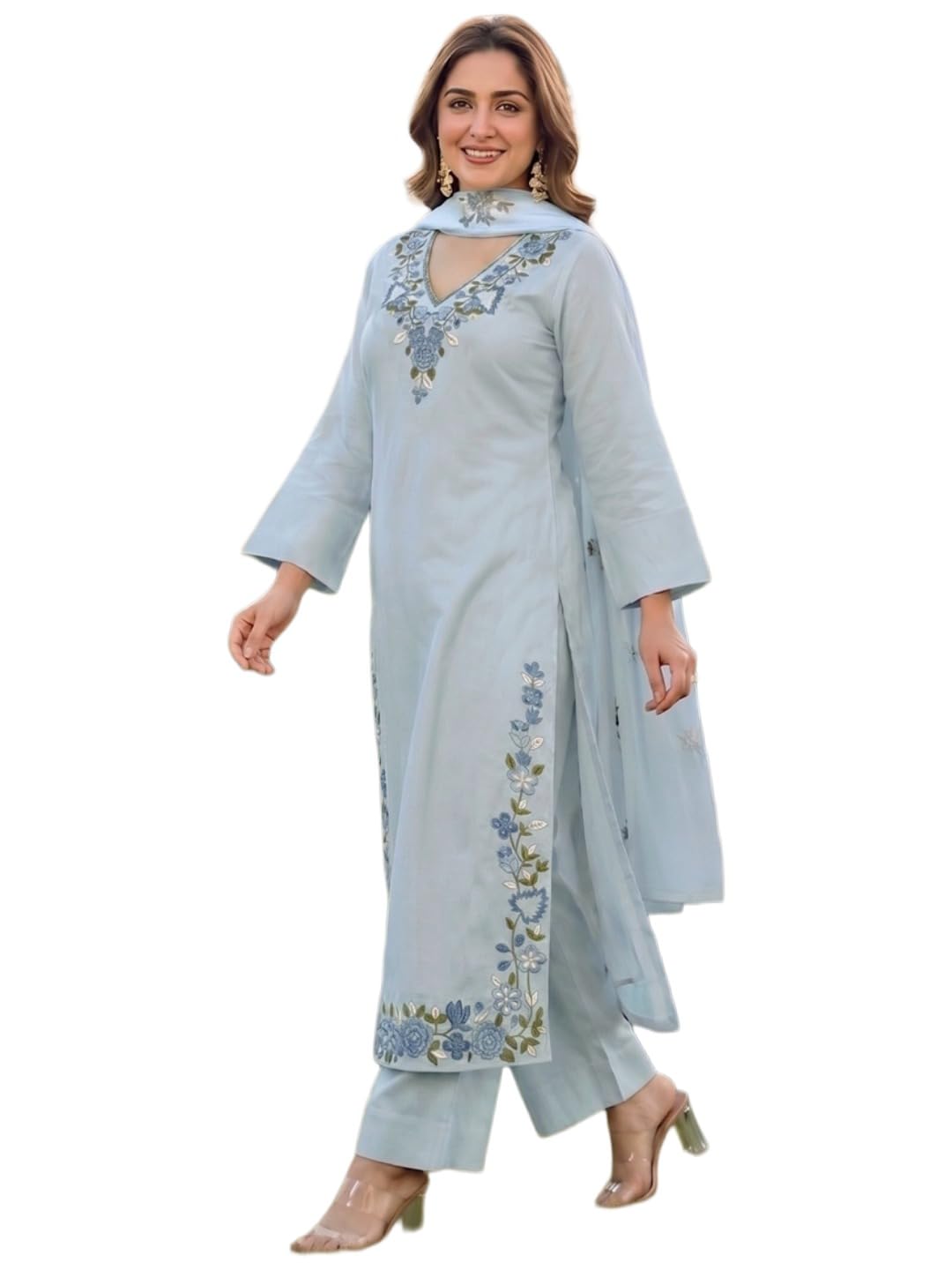 ANNI DESIGNER Women's Viscose Blend Straight Embroidered Kurta with Palazzo and Dupatta (MUKTA Sky Blue_4XL_Sky Blue_XXXX-Large)