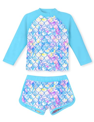 Swimsuit for Girls Size 7-8 Mermaid Scales Blue Bikini Long Sleeve 2 Pcs UV Sun Protection Swimwear with Swim Shorts Child Girls 7-8 Summer Holiday