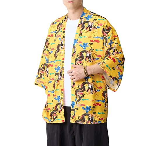 PRIJOUHE Kimono For Men Japanese Style Kimono Robe Jacket Lightweight Open Front Cardigan Seven Sleeve Yukata Coat2
