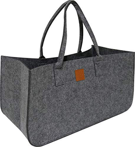 KHI Filzkorb, XL Einkaufstasche, 51 x 26 x 26 cm, Shopper Bag, Filztasche, Gross, grau, Kaminholzkorb, Spielzeugkorb, Spielzeugtasche, Brennholztasche, Aufbewahrung von Kaminholz