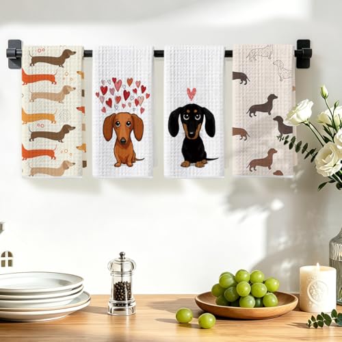 Image of 4 Pcs Dachshund Kitchen Towels 24x14 Inch, Dachshund Gifts Reusable Dish Towels for Kitchen Bathroom Decor, Waffle Weave Absorbent Hand Cloth Tea Towel, Cute Weiner Dog Gifts for Women Mom Friend