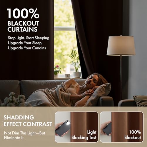 Image of MIULEE Mocha Brown 100% Blackout Curtains for Bedroom 40x84 Inch Long | 2 Thick Layers Thermal Insulated Window Curtains with Black Liner, Noise Reducing Grommet, Drapes for Living Room, 2 Panels