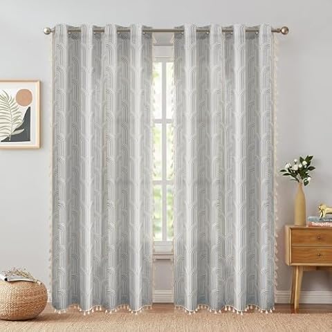 ColorBird Blue Linen Curtains for Bedroom,Farmhouse 63 Inch Length Curtains for Living Room,Abstract Rainbow Printed Light Filtering Grommet Curtains for Dining Room Cover