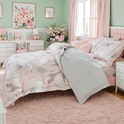 Brandream Kid's Duvet Cover Full Size 100% Percale Cotton 3pcs Boys Girl Bedding Duvet Cover Shams Set, Delicate Ruffle Fringe Soft Breathable (Blush Jungle Safari Animals)
