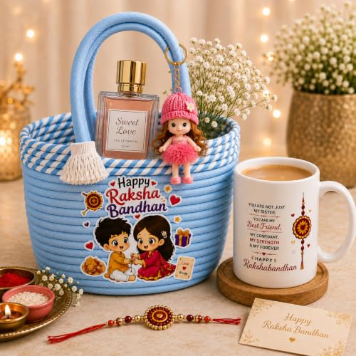 Image of Rakhi Gift Hamper for Sister | Rakhi Bag (Random Color) with Printed Ceramic Coffee Mug | Raksha Bandhan Festive Combo | Designer Hamper | Coffee Mug Set