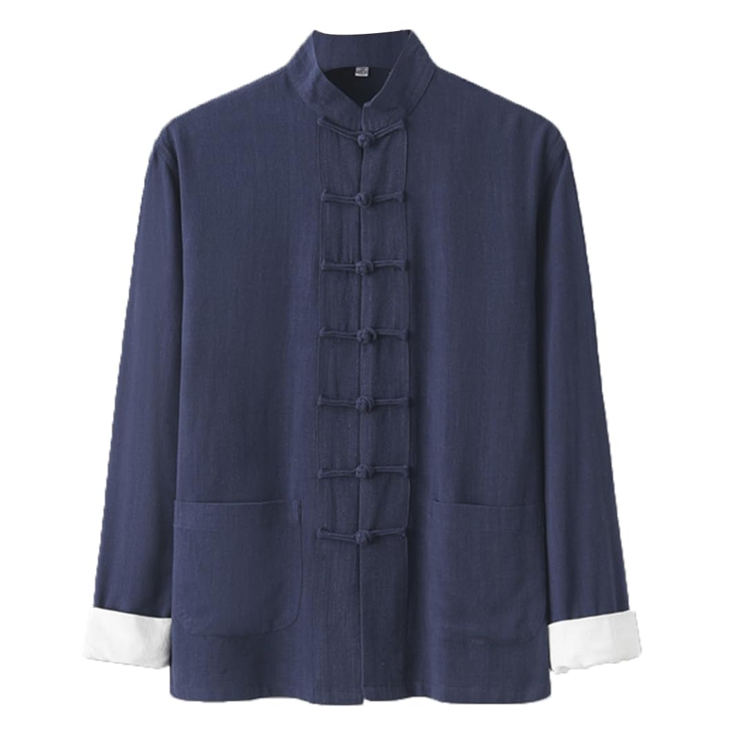 GVILTY Mens Martial Arts Kung Fu Giacca a Manica Lunga Abito Tantum - Uomo Abito Tangamico Abiti Tradizionali Cinesi di Lino di Cotone, Manica Lunga Blue-XL